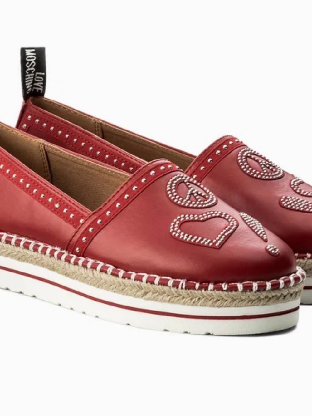 Love Moschino Red Leather Studded Heart Espadrille Platform Slip-Ons